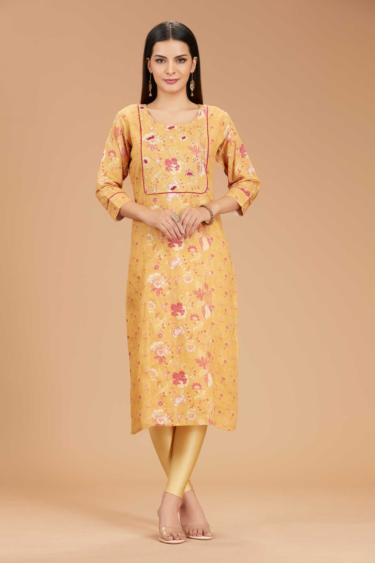 Yellow Printed Straight Kurti